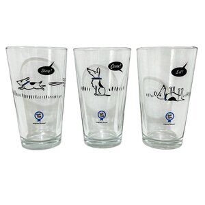Vintage Bad Dog Tumblers Set of 3 Pint Beer Drinking Glasses Sit Stay Come